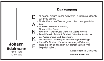 Traueranzeige von Johann Edelmann von Pegnitz-Zeitung